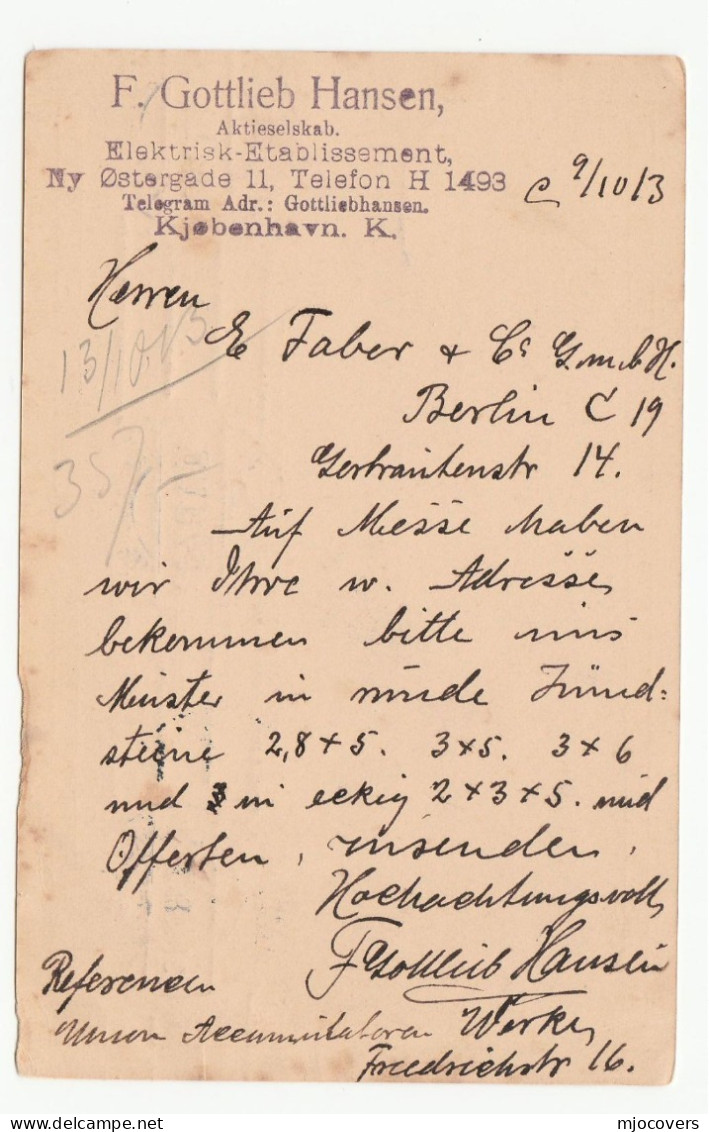 1913 Denmark POSTAL STATIONERY Card To Berlin Germany Cover - Interi Postali