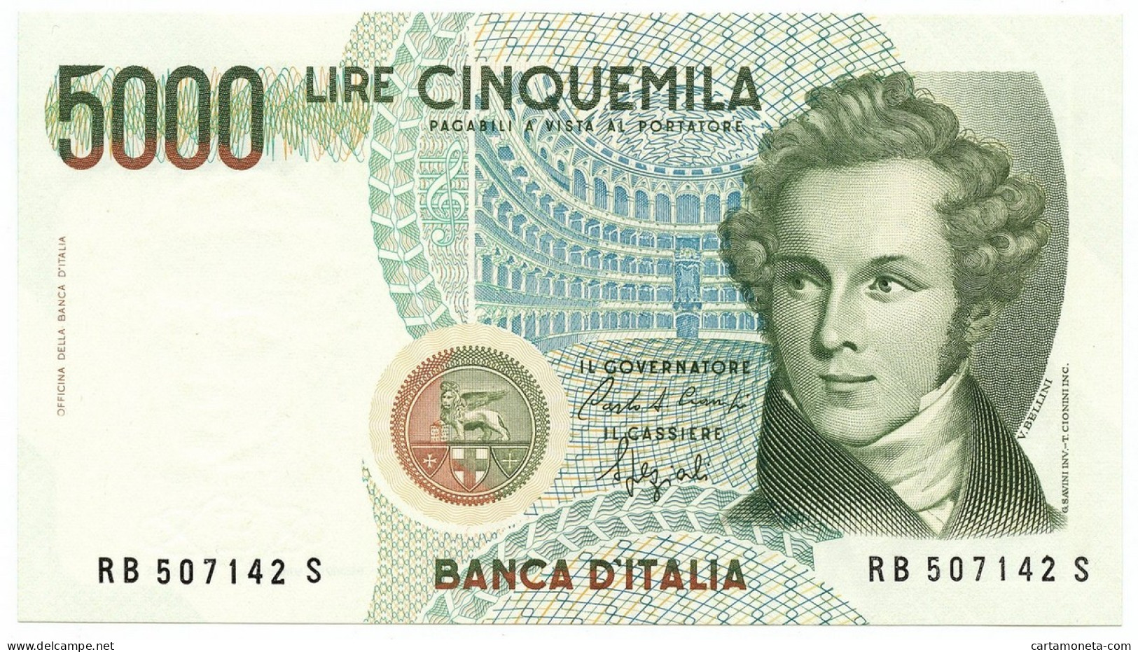 5000 LIRE BANCA D'ITALIA VINCENZO BELLINI LETTERA B 12/01/1988 FDS-/FDS - Autres & Non Classés
