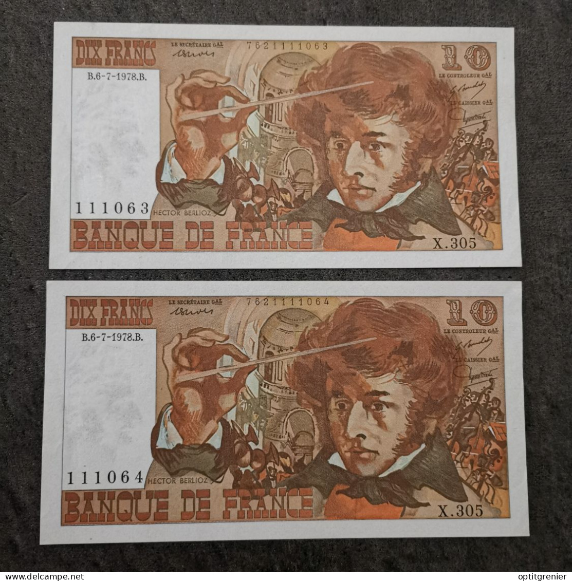 LOT 2 BILLETS SUIVI CIRCULE 10 FRANCS BERLIOZ 6 7 1978 305 FRANCE / BANKNOTE - 10 F 1972-1978 ''Berlioz''