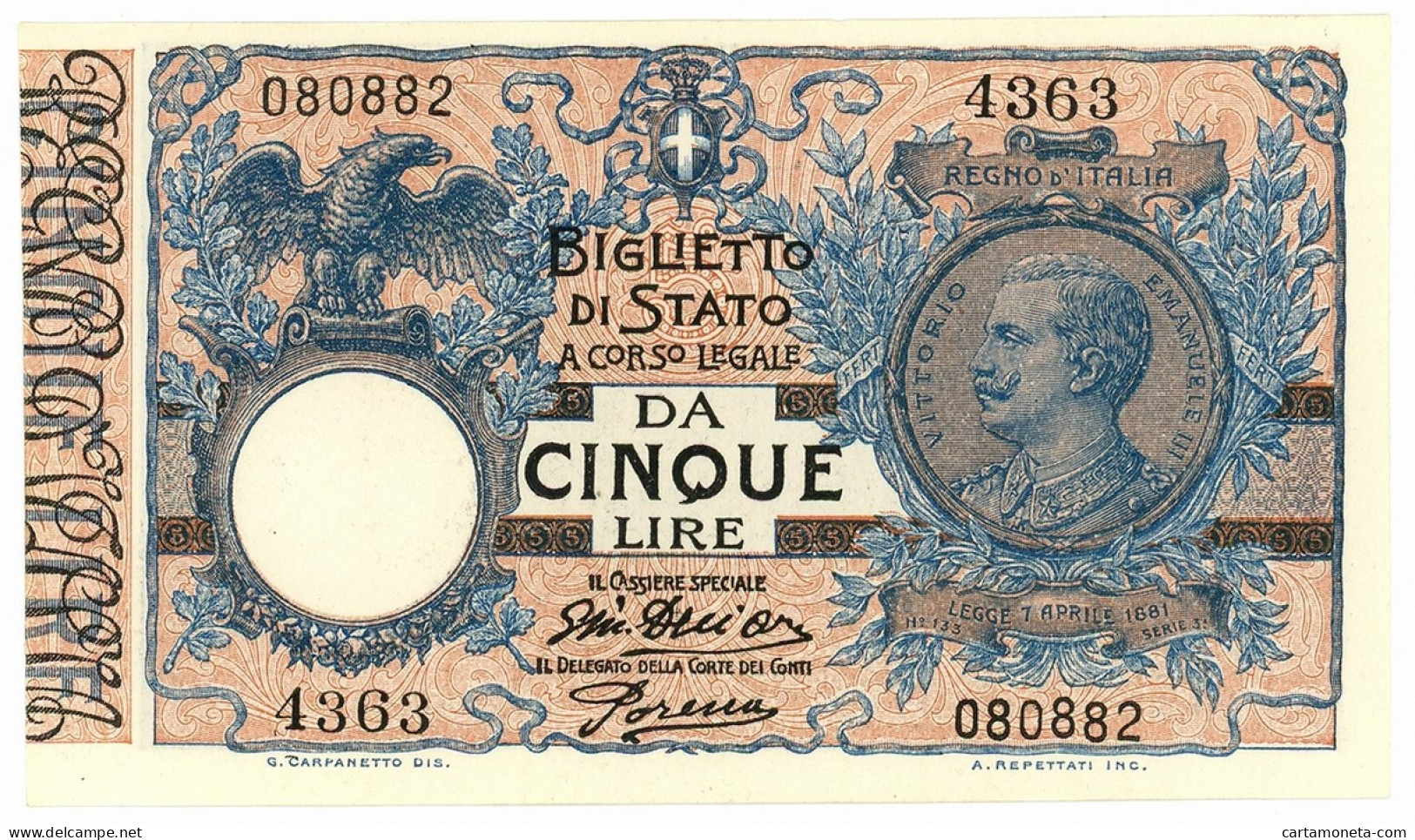 5 LIRE BIGLIETTO DI STATO VITTORIO EMANUELE III FLOREALE 14/10/1917 FDS - Regno D'Italia – Autres