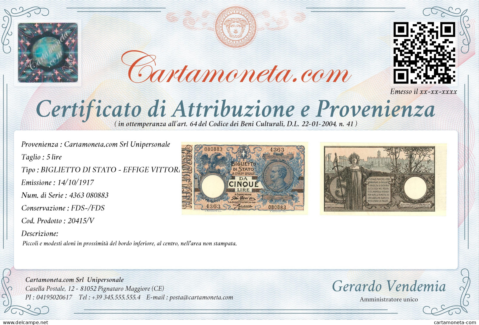 5 LIRE BIGLIETTO DI STATO VITTORIO EMANUELE III FLOREALE 14/10/1917 FDS-/FDS - Sonstige