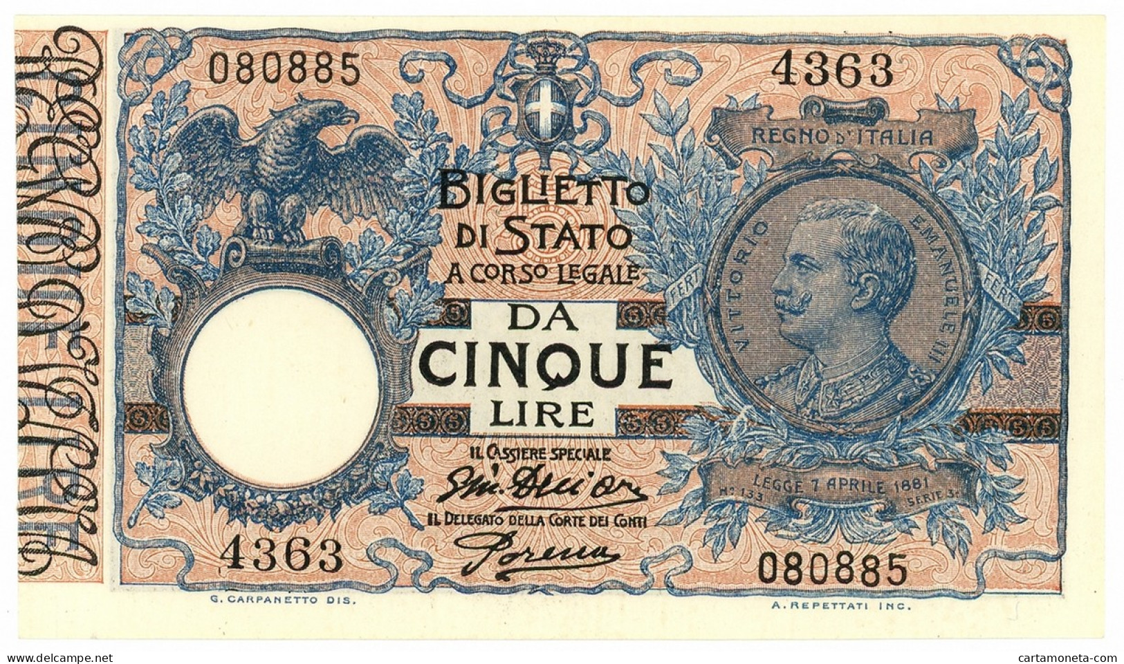 5 LIRE BIGLIETTO DI STATO VITTORIO EMANUELE III FLOREALE 14/10/1917 FDS-/FDS - Otros