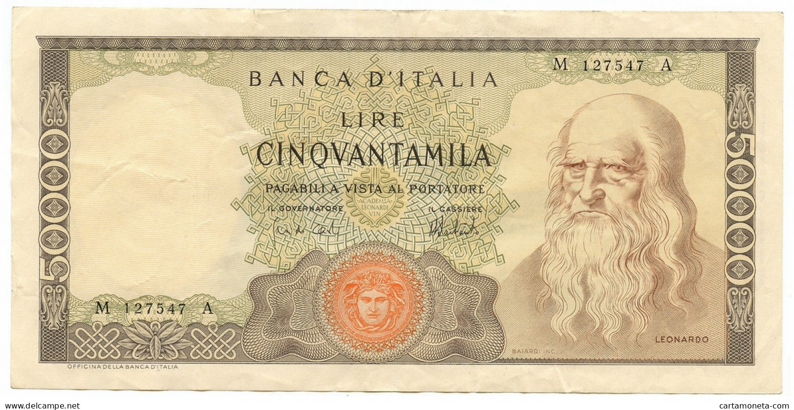 50000 LIRE BANCA D'ITALIA LEONARDO DA VINCI MEDUSA 16/05/1972 BB+ - Autres & Non Classés