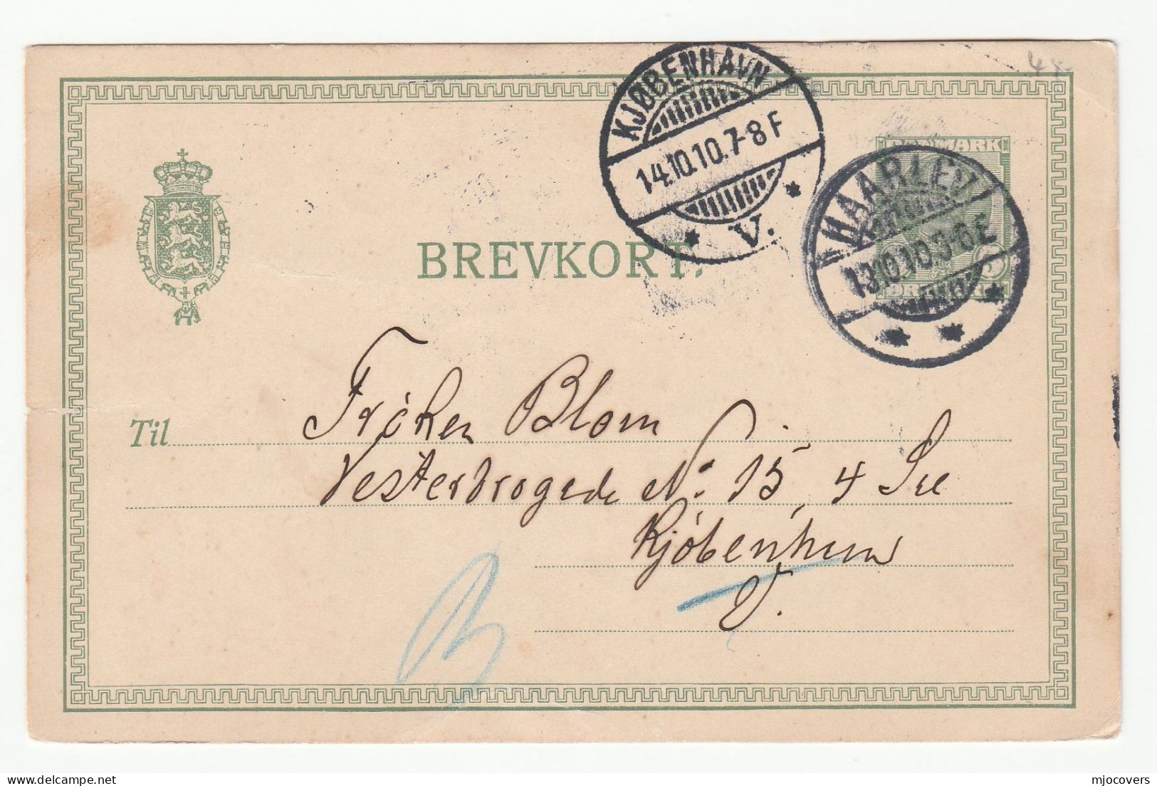 1910 Haarlev To Copenhagen Denmark  POSTAL STATIONERY CARD Cover Stamps - Cartas & Documentos