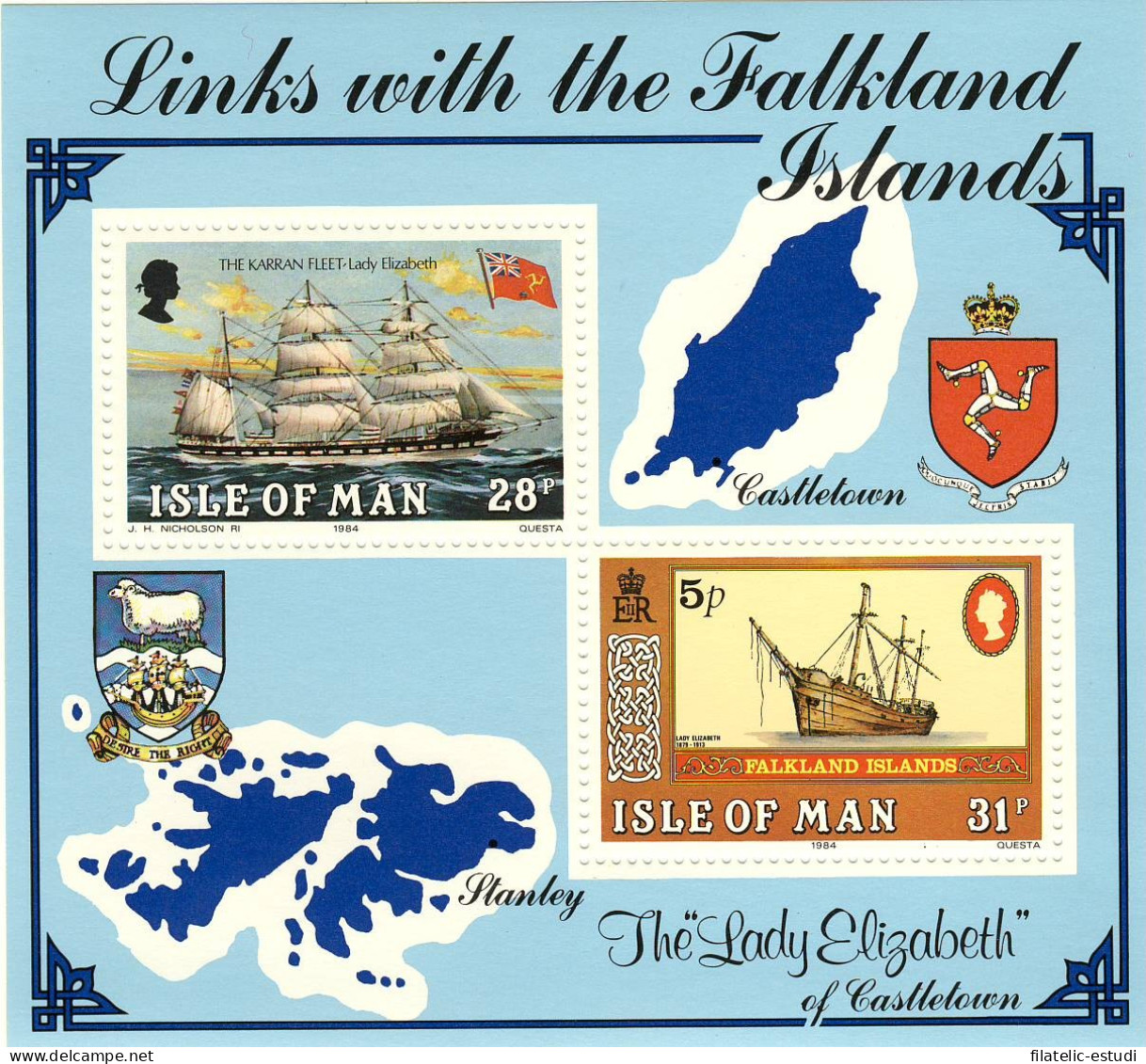 Man (isla De) - 7-H - 1984 Lazos Con Las Islas Falkland Barcos, Mapa, Escudo L - Man (Ile De)
