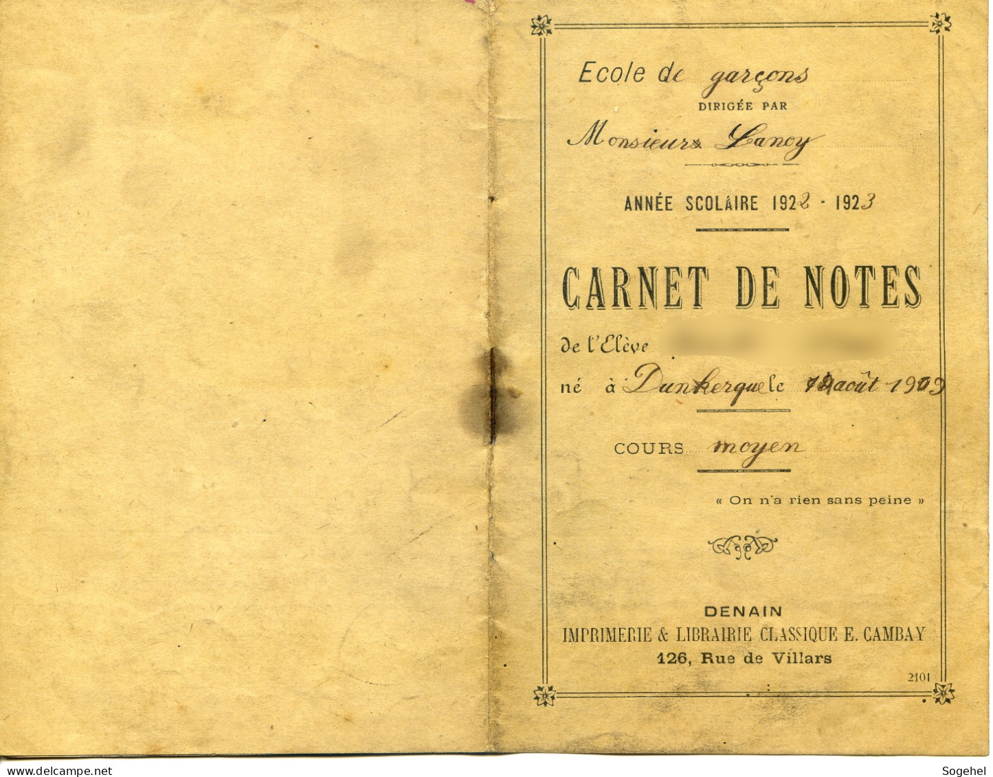 Carnet De Notes - Ecole De Garçons - DENAIN - Diplomi E Pagelle