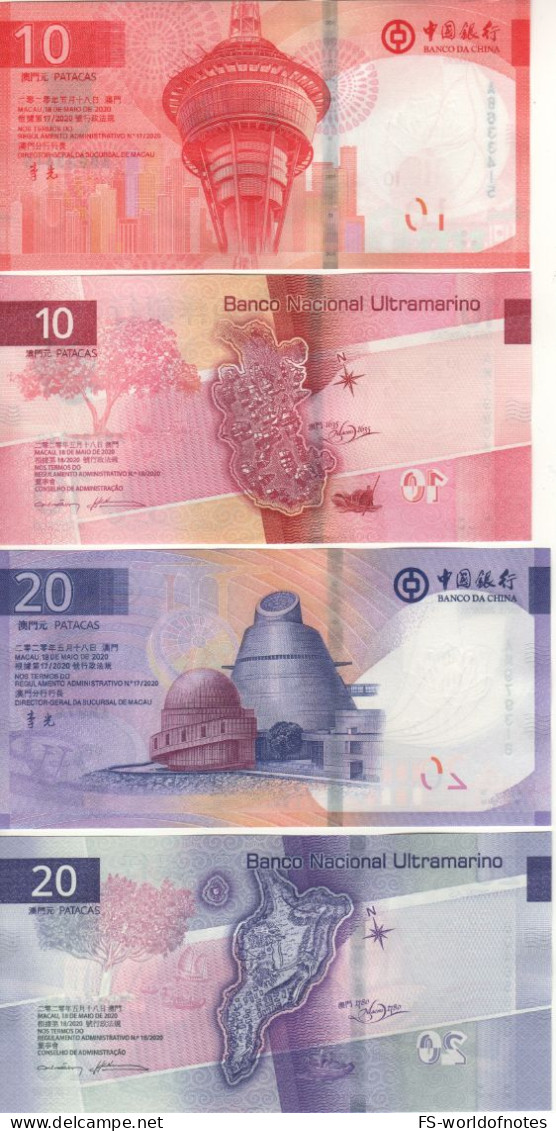 MACAO  New Set 10 & 20 Patacas  (4 Notes) Dated 18.05.2020   PW90-91-129-130 - Macau