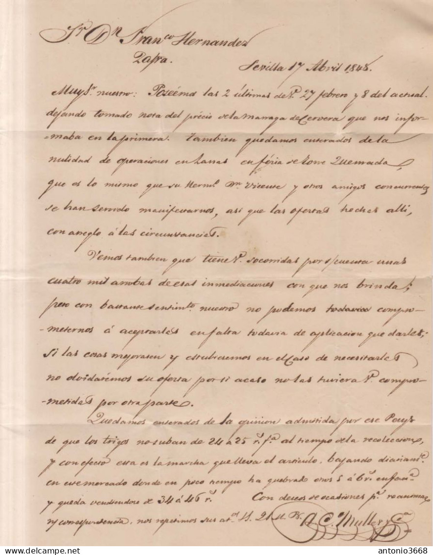 Año 1845 Prefilatelia Carta A Zafra Marcas Sevilla Andalucia - ...-1850 Prefilatelia