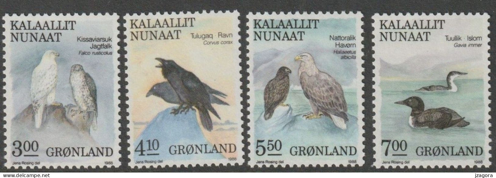 DUCS BUNTINGS GUILLEMOTS  KOLKRABE GERFALKE SEEADLER EISTAUCHER BIRDS GREENLAND GROENLAND GRÖNLAND 1989 MI 181-184 MNH - Palmípedos Marinos