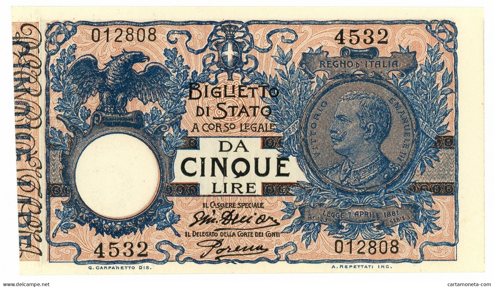 5 LIRE BIGLIETTO DI STATO VITTORIO EMANUELE III FLOREALE 14/10/1917 SPL/SPL+ - Regno D'Italia – Other