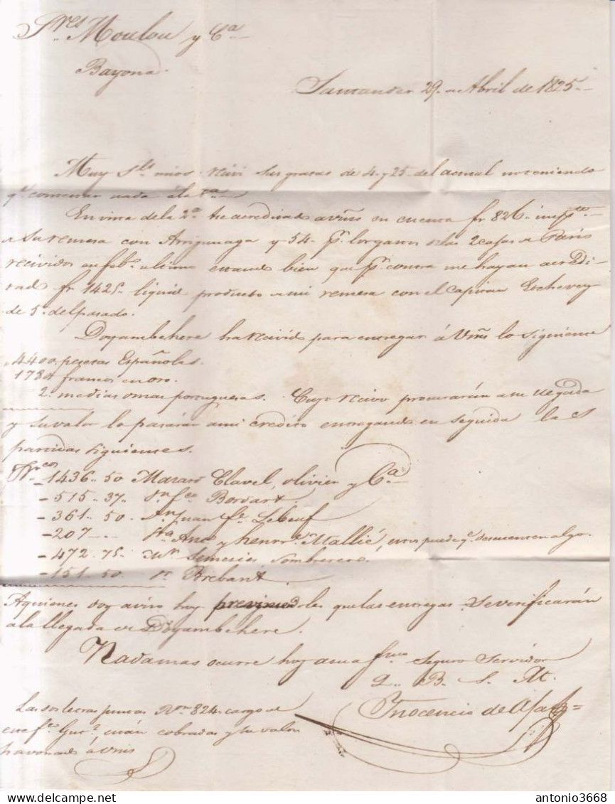 Año 1825 Prefilatelia Carta A Francia Marcas Nº16 Sanr Franca Espagne Par Bayonne Y Escrito Porteo 8.  Inocencio Afa - ...-1850 Prefilatelia