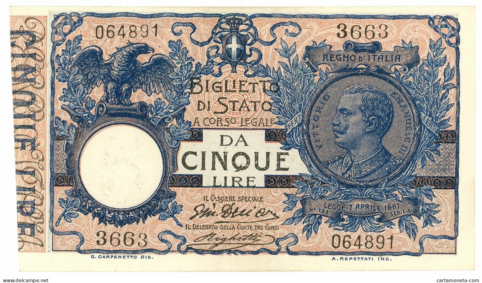 5 LIRE BIGLIETTO DI STATO VITTORIO EMANUELE III FLOREALE 05/11/1914 SUP - Andere