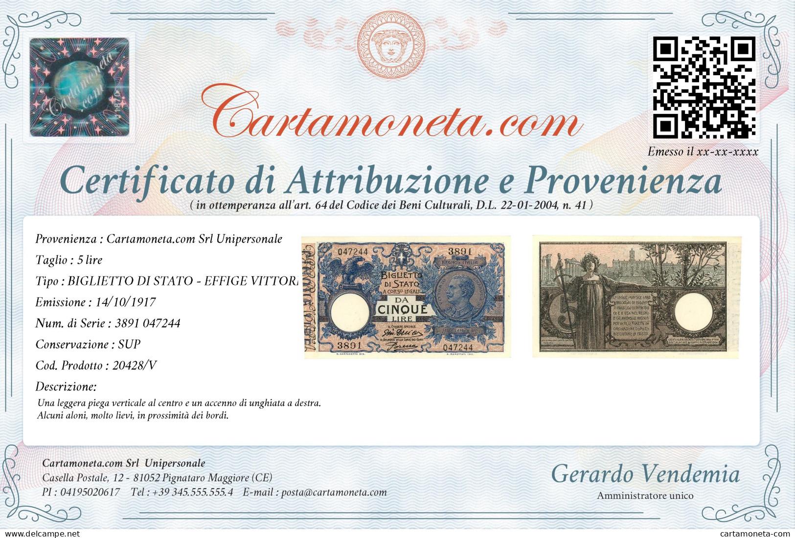 5 LIRE BIGLIETTO DI STATO VITTORIO EMANUELE III FLOREALE 14/10/1917 SUP - Sonstige