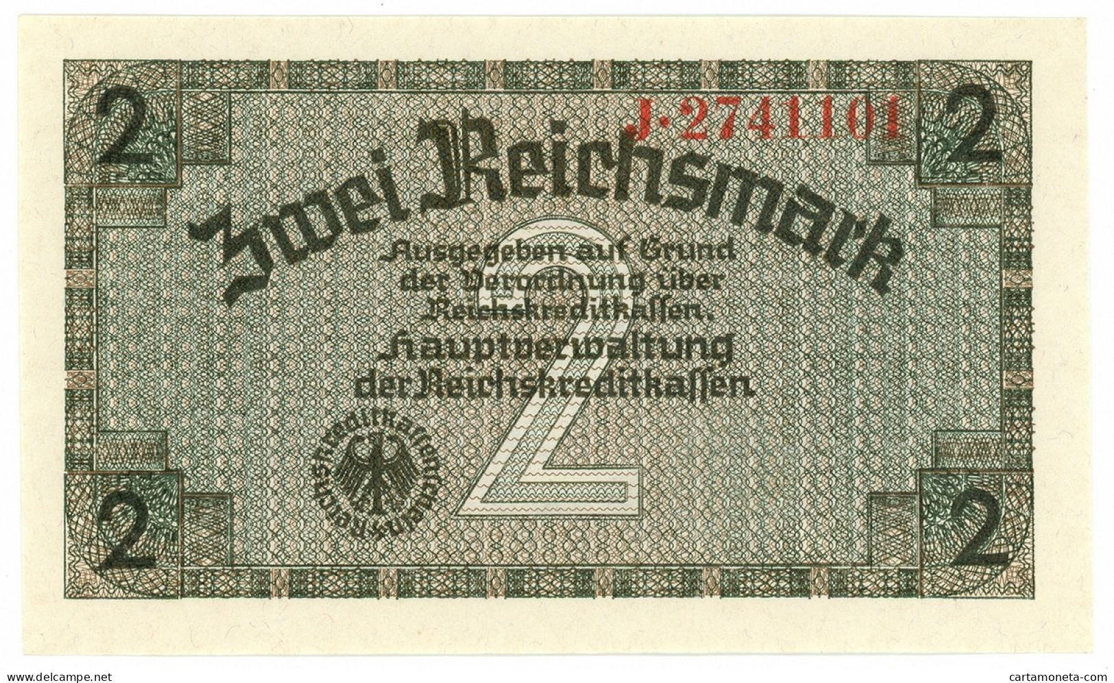 2 REICHSMARK OCCUPAZIONE TEDESCA ITALIA REICHSKREDITKASSEN 1943 FDS - Occupazione Alleata Seconda Guerra Mondiale