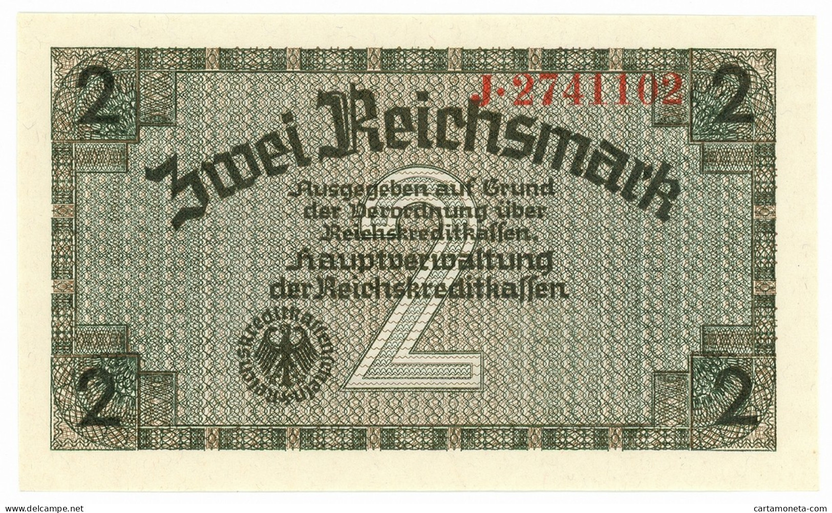 2 REICHSMARK OCCUPAZIONE TEDESCA ITALIA REICHSKREDITKASSEN 1943 FDS - Occupazione Alleata Seconda Guerra Mondiale