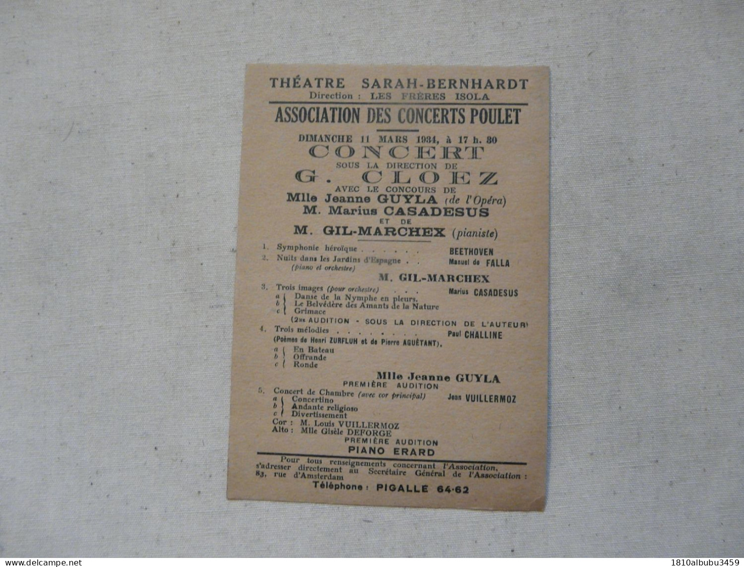 VIEUX PAPIERS - PROGRAMME : THEATRE SARAH-BERNHARDT - Concert 1934 - Programma's
