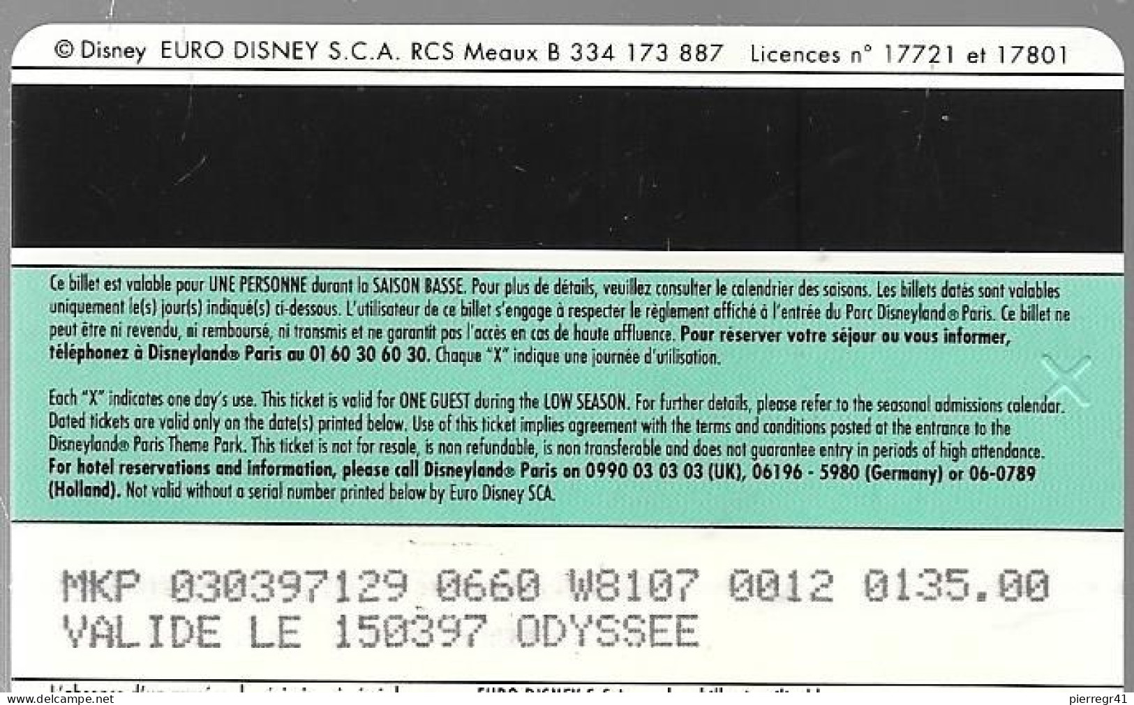 PASS--DISNEY-DISNEYLAND PARIS-1996-POCAHONTAS-V° Speos N°S 089628 En Bas A Droite-VALIDE Le 15/03/97-ODYSSEE-TBE - Pasaportes Disney