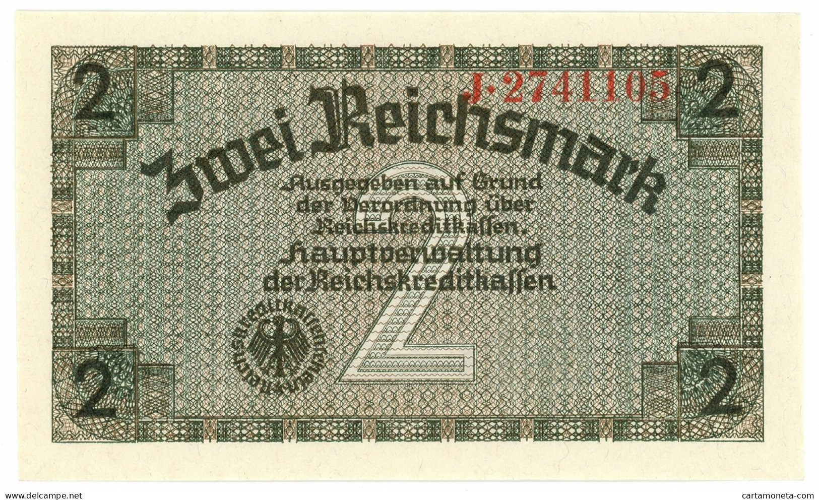 2 REICHSMARK OCCUPAZIONE TEDESCA ITALIA REICHSKREDITKASSEN 1943 FDS - Occupazione Alleata Seconda Guerra Mondiale