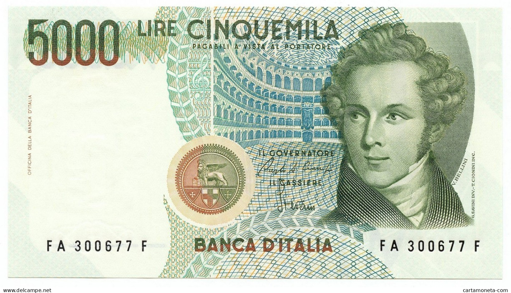 5000 LIRE BANCA D'ITALIA VINCENZO BELLINI LETTERA A 31/01/1985 FDS-/FDS - Autres & Non Classés