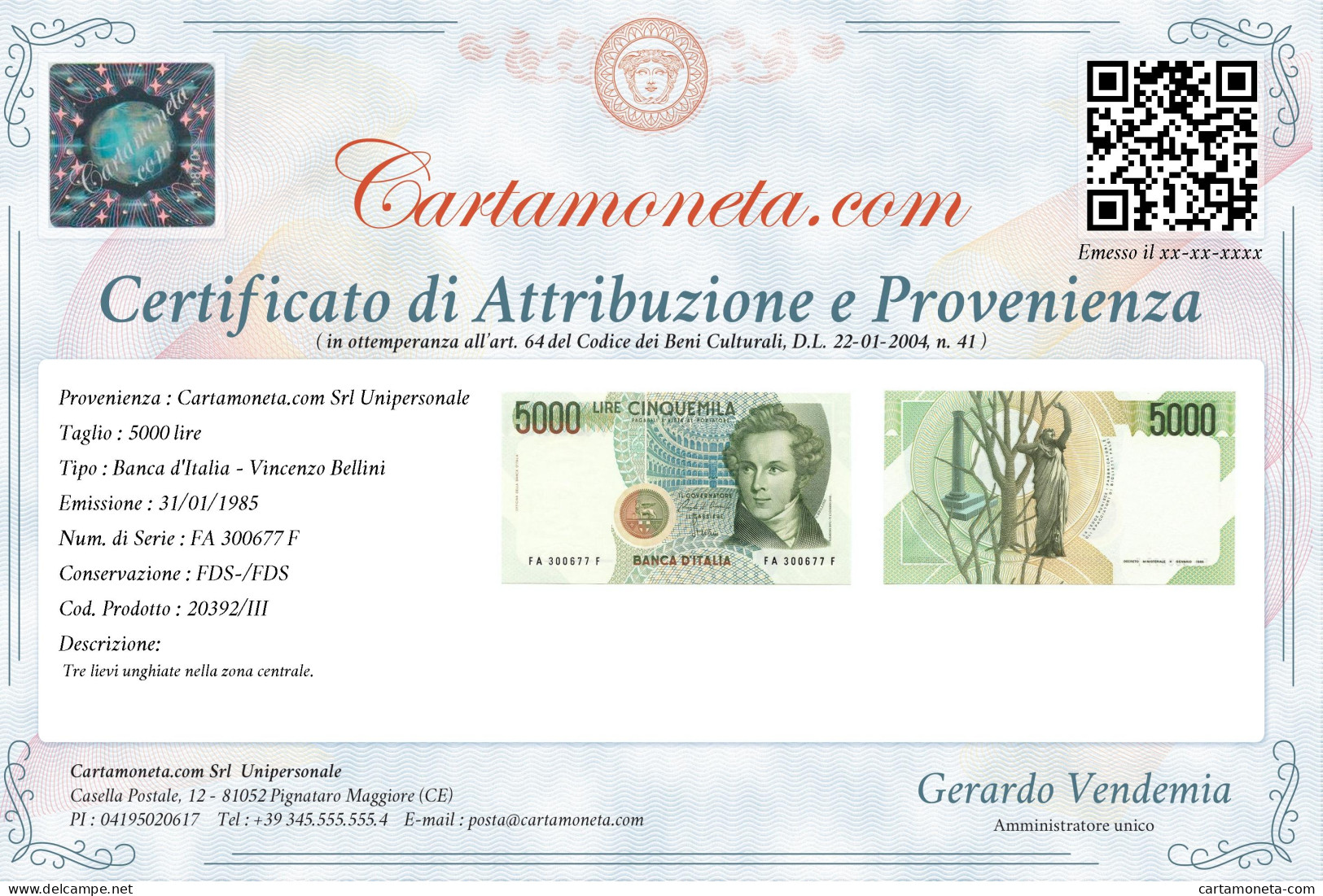 5000 LIRE BANCA D'ITALIA VINCENZO BELLINI LETTERA A 31/01/1985 FDS-/FDS - Andere & Zonder Classificatie