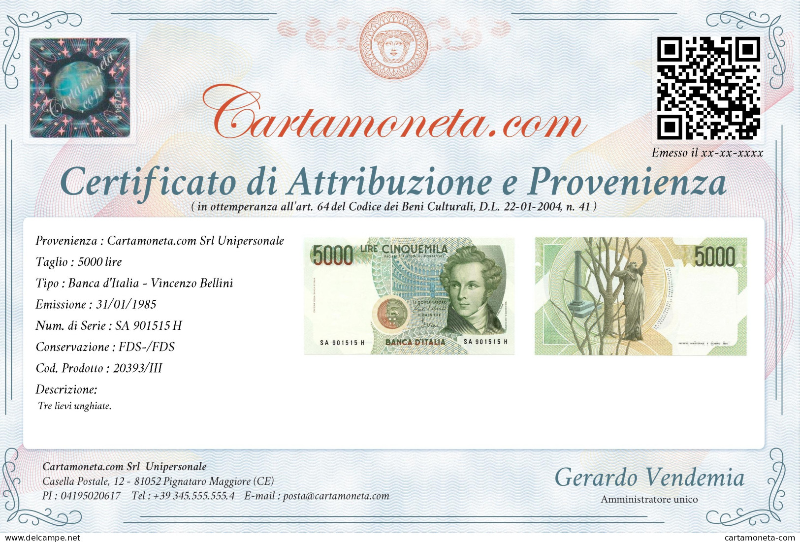 5000 LIRE BANCA D'ITALIA VINCENZO BELLINI LETTERA A 31/01/1985 FDS-/FDS - Other & Unclassified