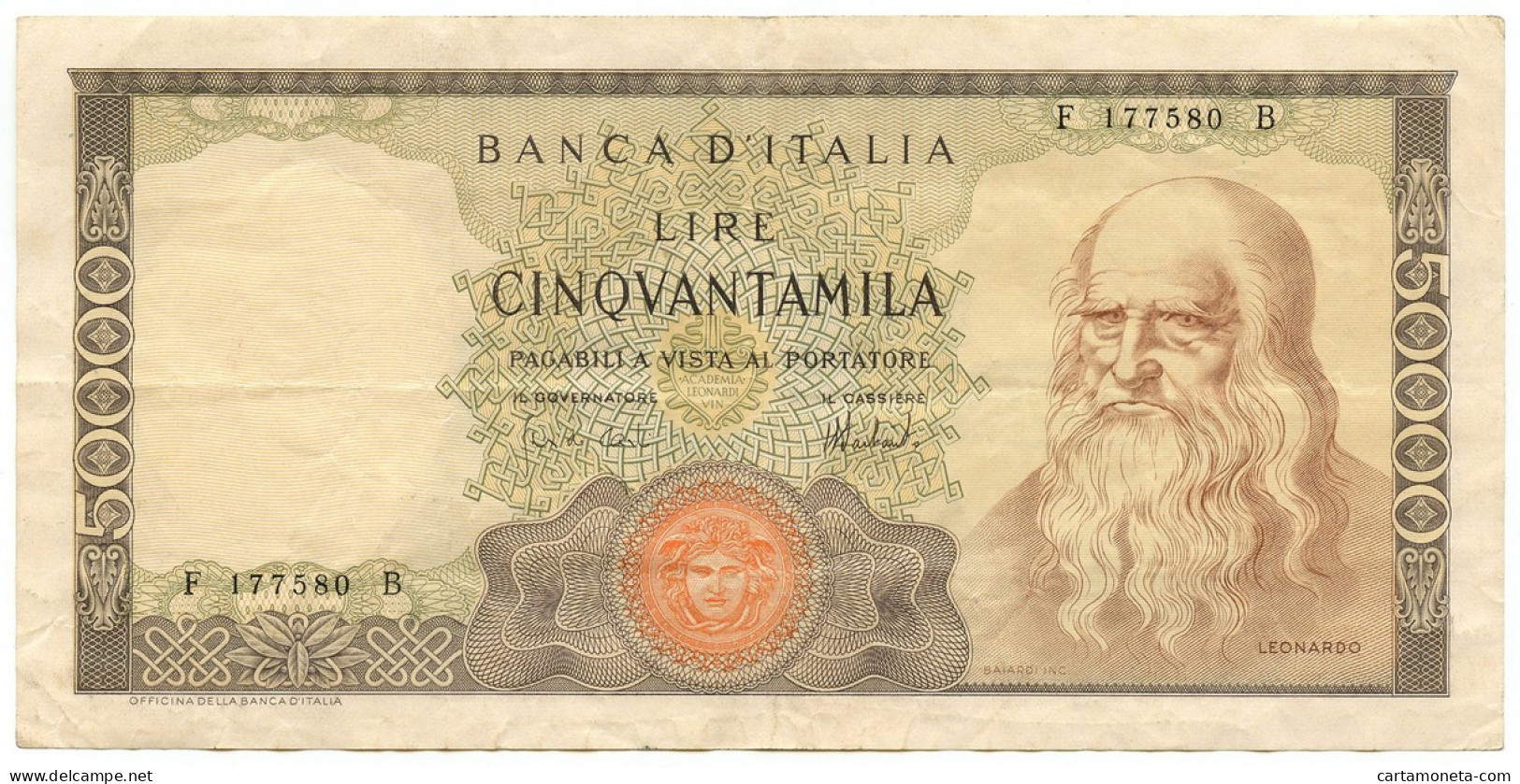 50000 LIRE BANCA D'ITALIA LEONARDO DA VINCI MEDUSA 16/05/1972 BB+ - Autres & Non Classés
