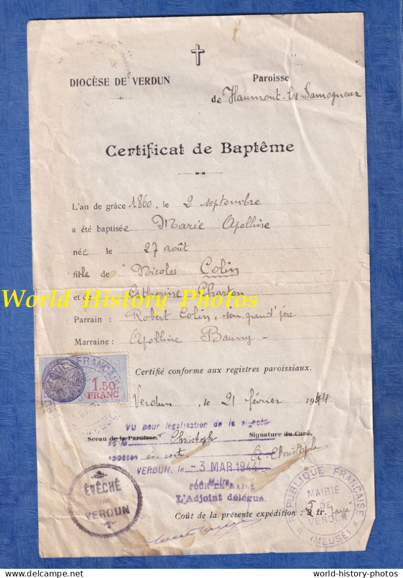 Document De 1944 - HAUMONT Les SAMOGNEUX - Certificat De Baptème - Marie Apolline Nicolas COLIN & Catherine CHARTON - Naissance & Baptême