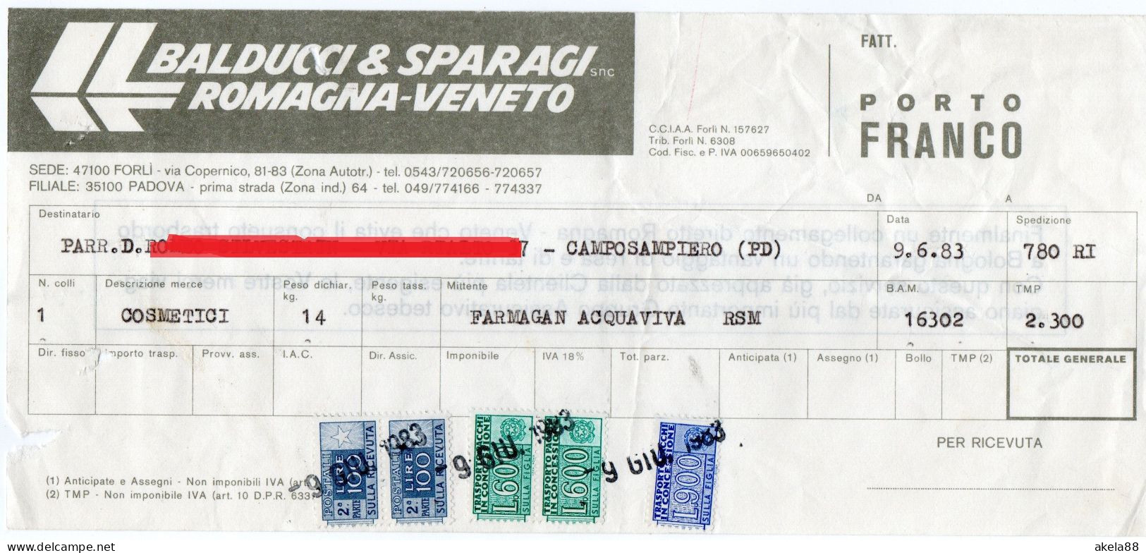 ITALIA 1983 - PACCHI POSTALI . PACCHI IN CONCESSIONE - BALDUCCI E SPARAGI - AUTOTRASPORTI ROMAGNA VENETO - PADOVA - FORL - Consigned Parcels