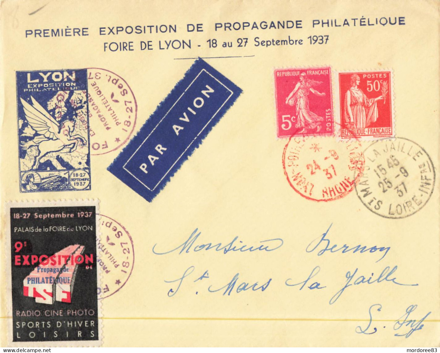 SEMEUSE 5C + PAIX 50C VIGNETTE ENV PREMIERE EXPOSITION DE PROPAGANDE PHILATELIQUE FOIRE DE LYON 18-27/9/1937 - TDA29) - Philatelic Fairs