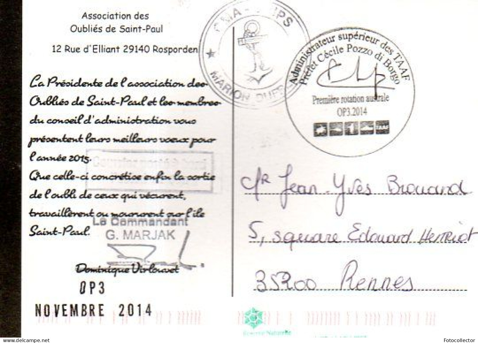 TAAF : Carte De Voeux 2015 Association Des Oubliés De L'île St Paul (tamponnée Marion Dufresne) - TAAF : Territori Francesi Meridionali