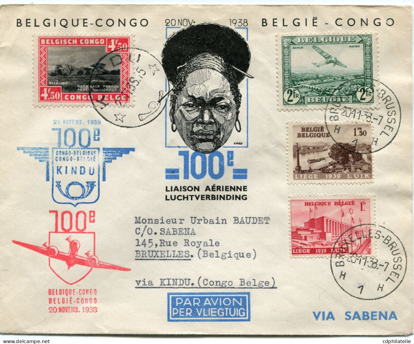 ENVELOPPE ILLUSTREE " 100 E LIAISON AERIENNE BELGIQUE-CONGO / CONGO-BELGIQUE " AVEC CACHETS ILLUSTRES LETTRE PAR AVION.. - Cartas & Documentos