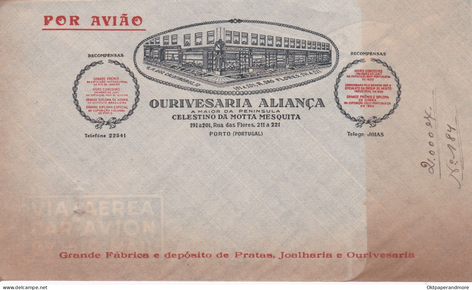 PORTUGAL COMMERCIAL ENVELOPE  - OURIVESARIA - ALIANÇA - PORTO - Portugal