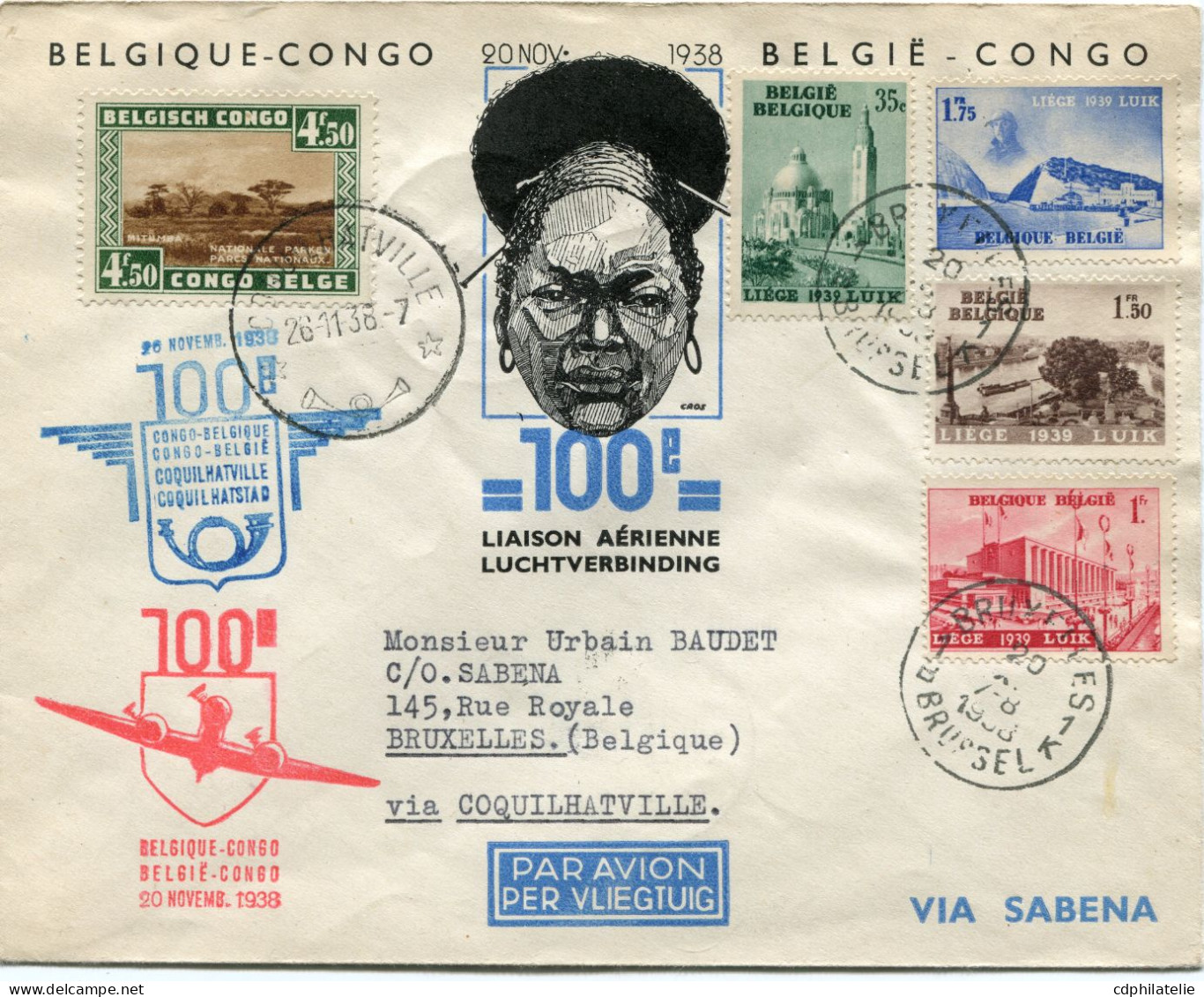 ENVELOPPE ILLUSTREE " 100 E LIAISON AERIENNE BELGIQUE-CONGO / CONGO-BELGIQUE " AVEC CACHETS ILLUSTRES LETTRE PAR AVION.. - Lettres & Documents