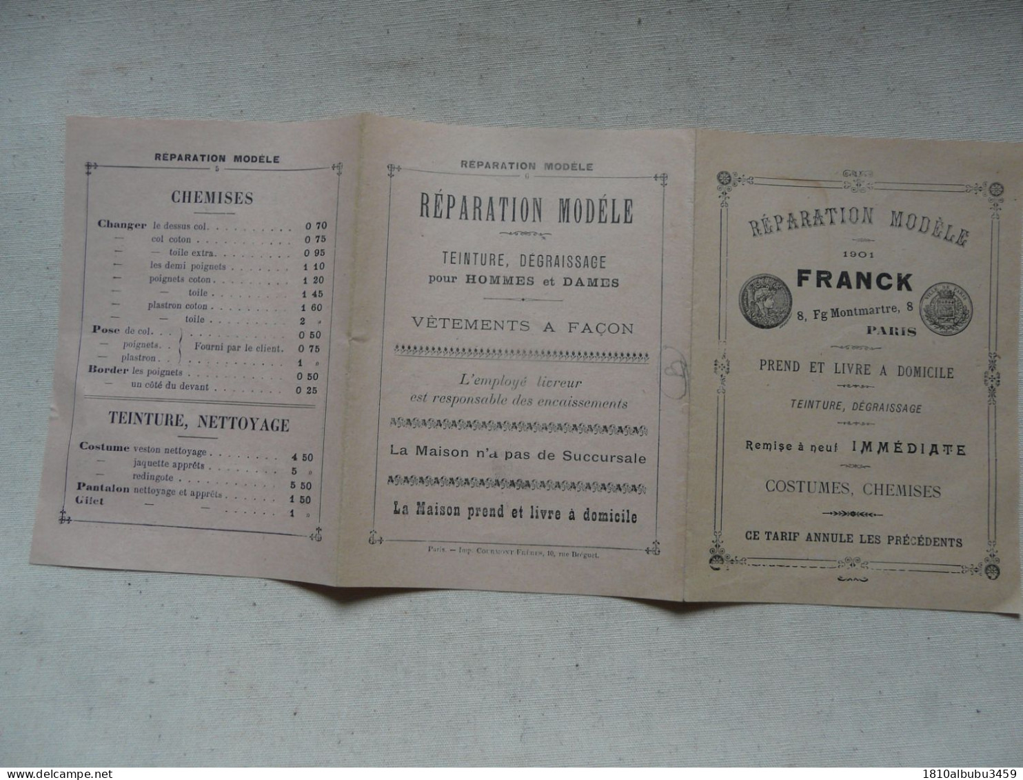 VIEUX PAPIERS - PUBLICITE : REPARATION MODELE - FRANCK - Costumes, Chemises - Pubblicitari