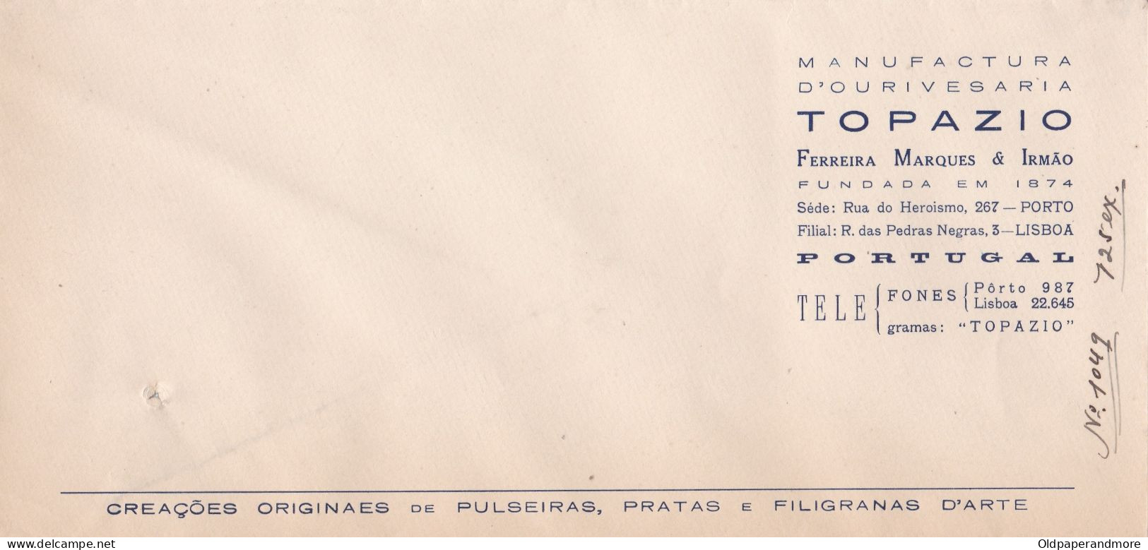 PORTUGAL COMMERCIAL ENVELOPE  - OURIVESARIA - TOPAZIO - PORTO - LISBOA - Portugal