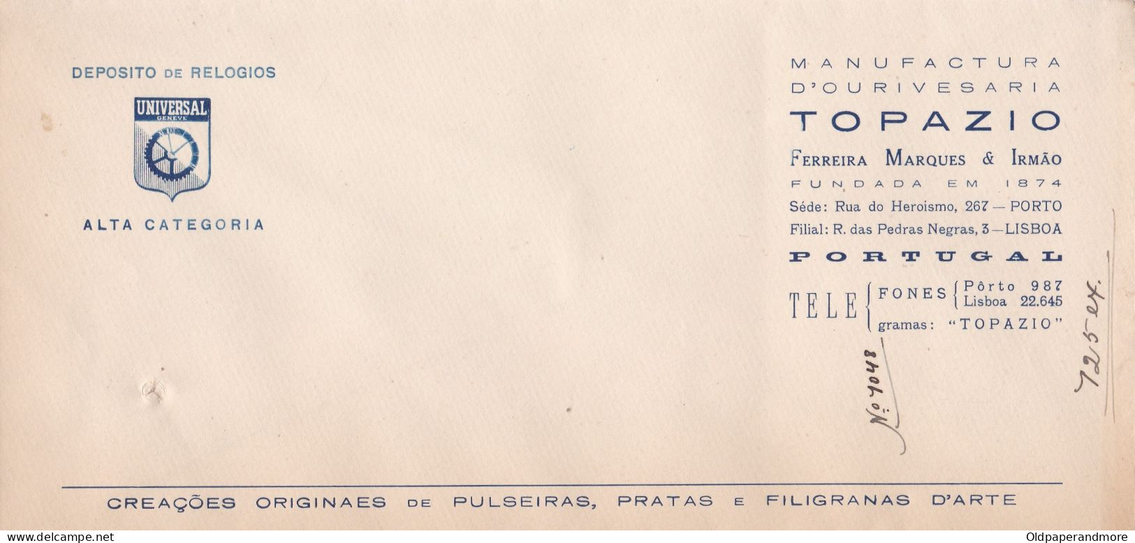 PORTUGAL COMMERCIAL ENVELOPE  - OURIVESARIA - TOPAZIO - PORTO - LISBOA - Portugal