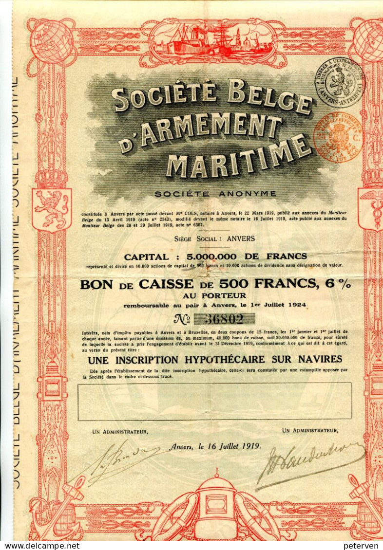 Société BELGE D'ARMEMENT MARITIME; Bon De Caisse - Navigation