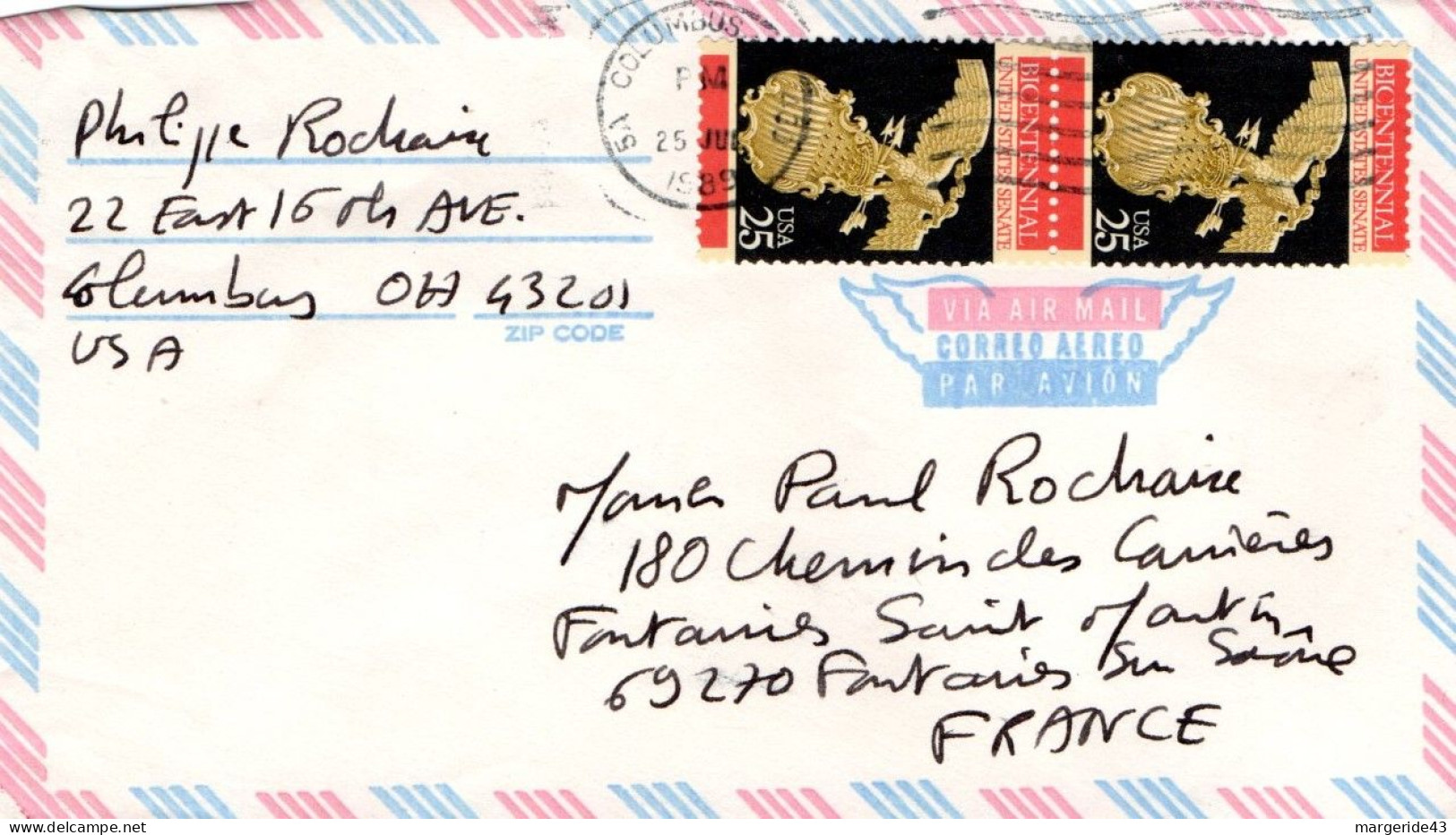 USA ETATS UNIS AFFRANCHISSEMENT COMPOSE SUR LETTRE POUR LA FRANCE 1989 - Covers & Documents