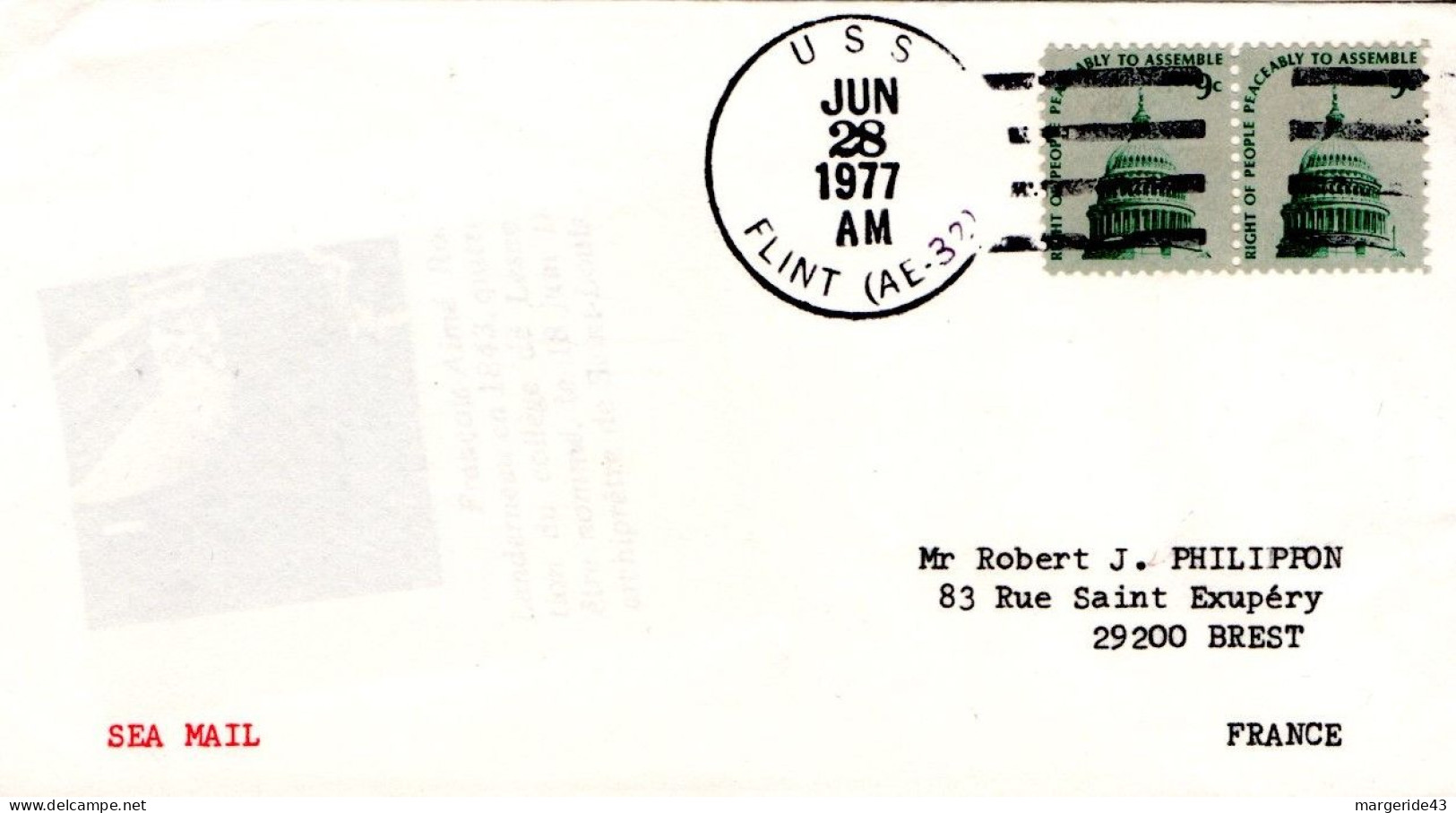 USA ETATS UNIS AFFRANCHISSEMENT COMPOSE SUR LETTRE DE L'USS FLINT POUR LA FRANCE 1977 - Storia Postale