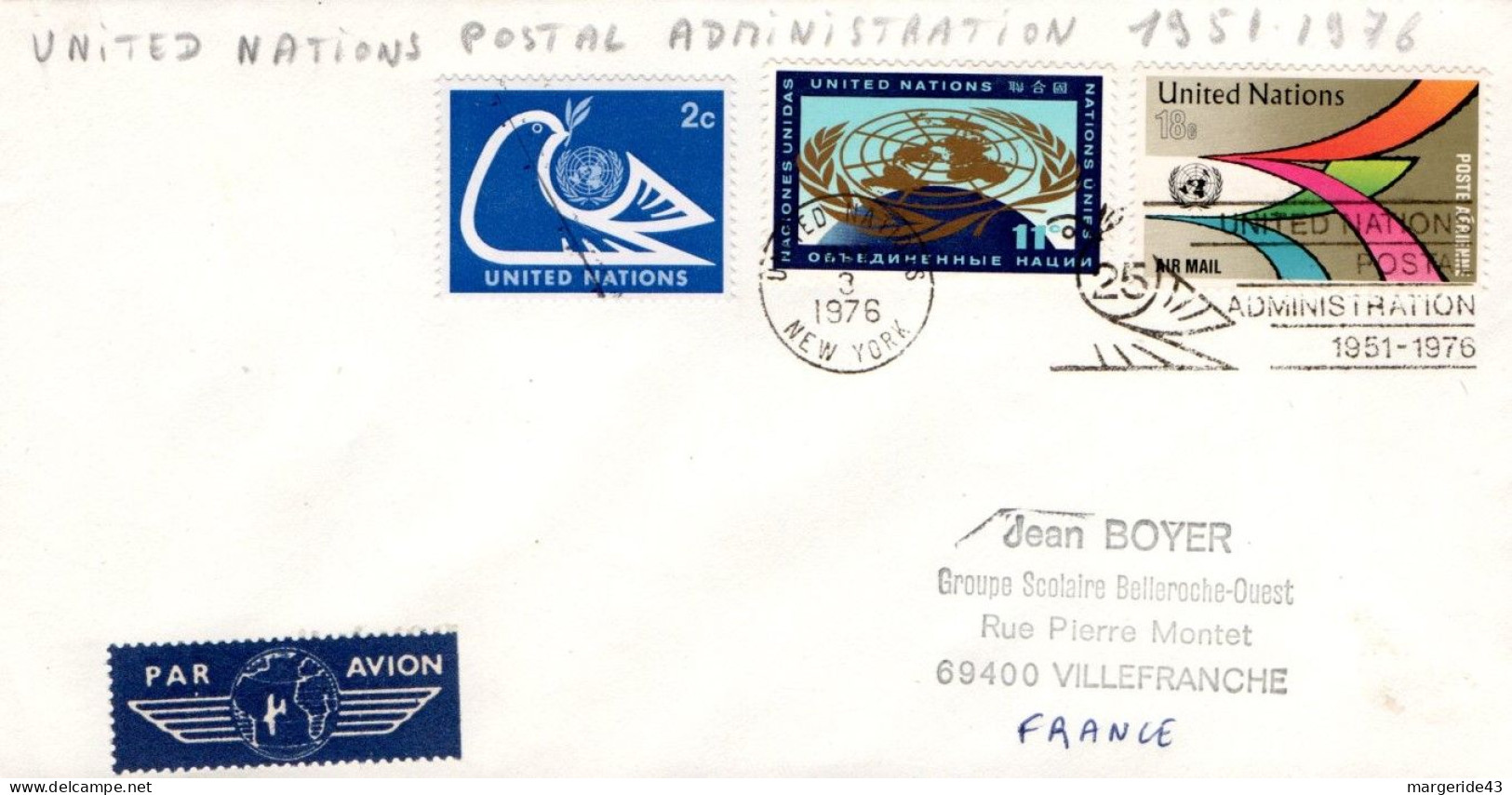 NATIONS UNIES AFFRANCHISSEMENT COMPOSE SUR LETTRE POUR LA FRANCE 1976 - Brieven En Documenten