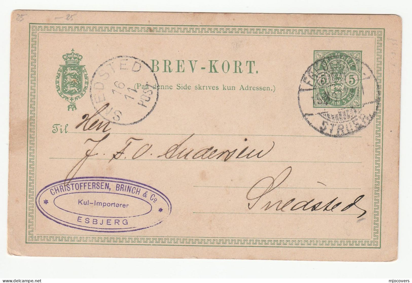 1897 COAL Importer Esbjerg DENMARK Postal STATIONERY CARD To SNEDSTED Cover Energy Minerals - Other & Unclassified