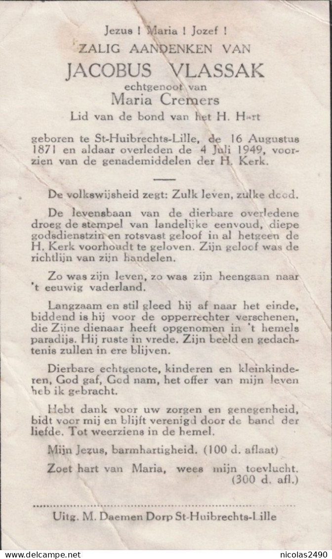 Bidprent VLASSAK Jacobus, Sint Huibrechts-Lille 1871-1949 (Cremers Maria) - Collezioni