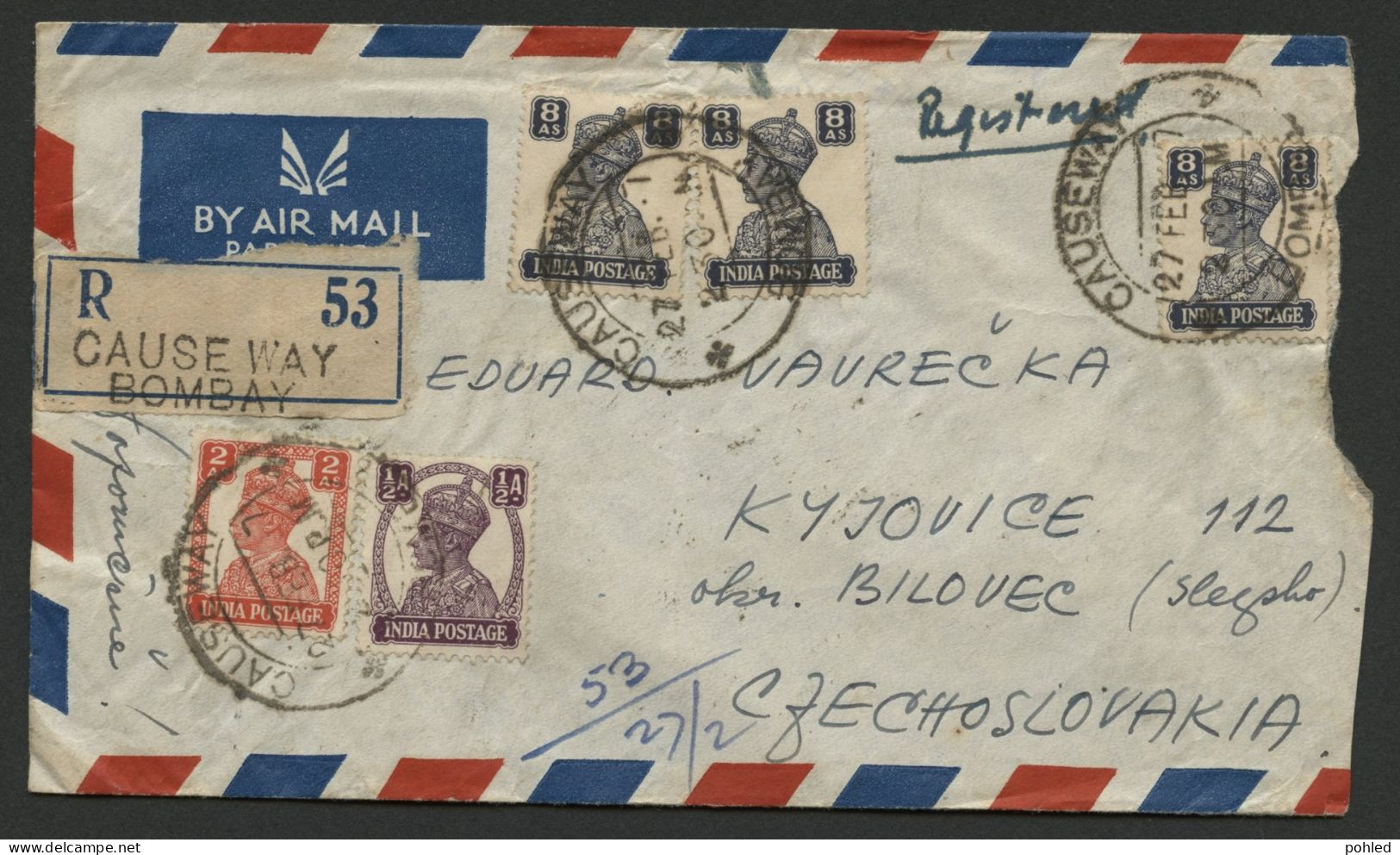 01253*INDIA*BOMBAY TO CZECHOSLOVAKIA*RECO AIRMAIL COVER*1947 - Brieven En Documenten