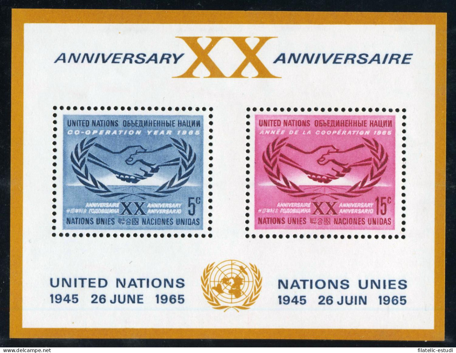 Naciones Unidas New York HB 3 1965 20º Aniversario De La ONU MNH - Blokken & Velletjes