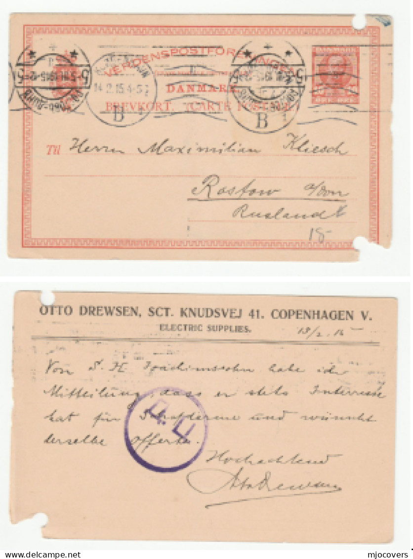 1915 ELECTRIC Co DENMARK To ROSTOV On Don RUSSIA Postal STATIONERY CARD Cover Stamps Energy Electricity - Elektrizität