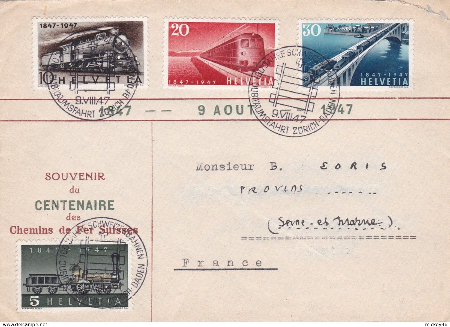 Suisse-1948--Lettre De ZURICH Pour PROVINS-77(France)-composition De Timbres"Trains" (100 Ans Des Chemins Fer Suisses) - Covers & Documents