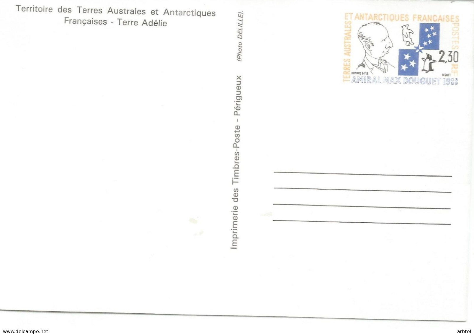 ANTARTIDA ANTARCTIC TAAF ENTERO POSTAL TERRE ADELIE PINGÜINO PENGUIN 2,30 F - Antarctische Fauna