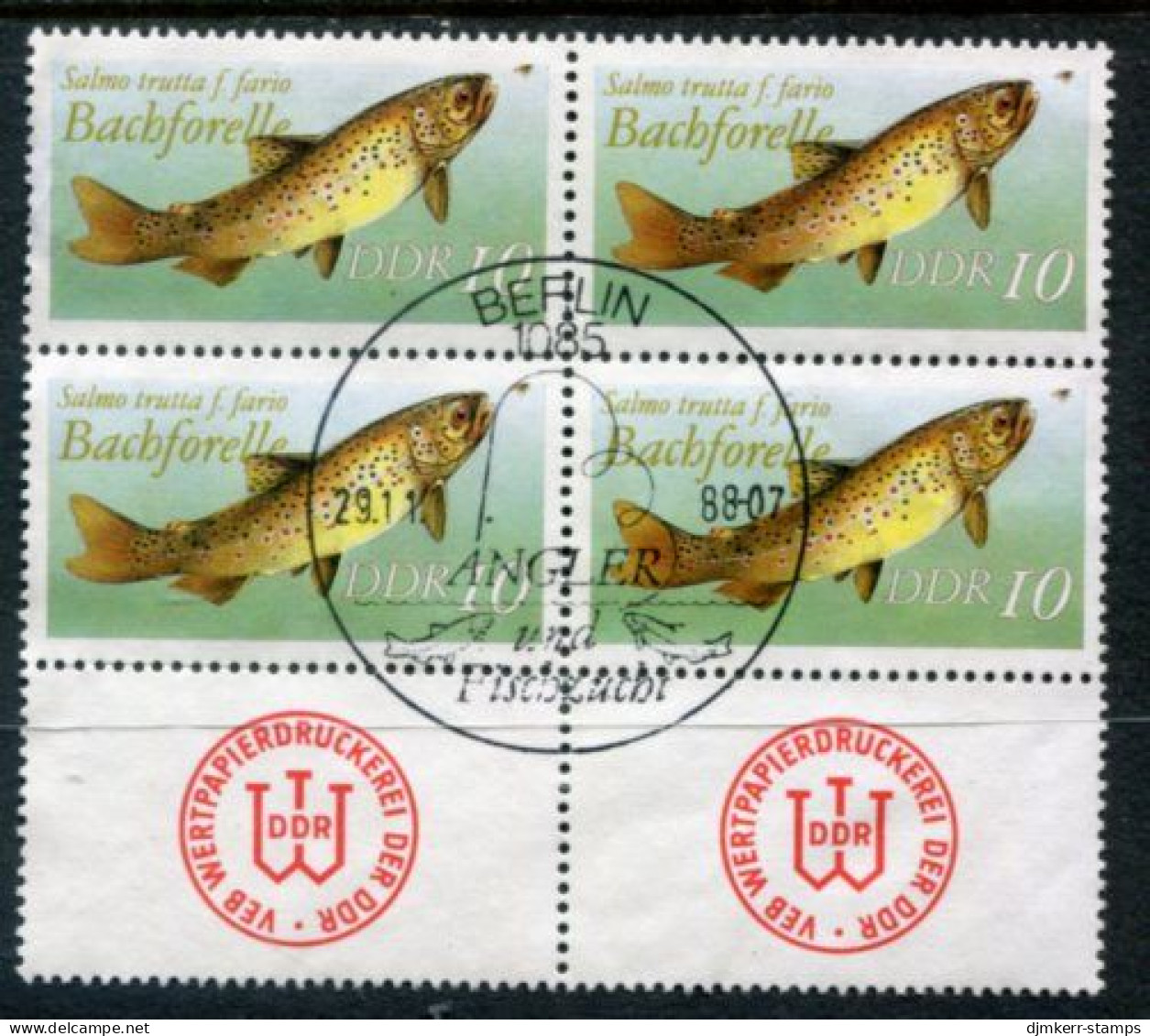 DDR 1987 Freshwater Fish 10 Pf. Without Year Date Block Of 4 Used.  Michel 3096 II - Usati