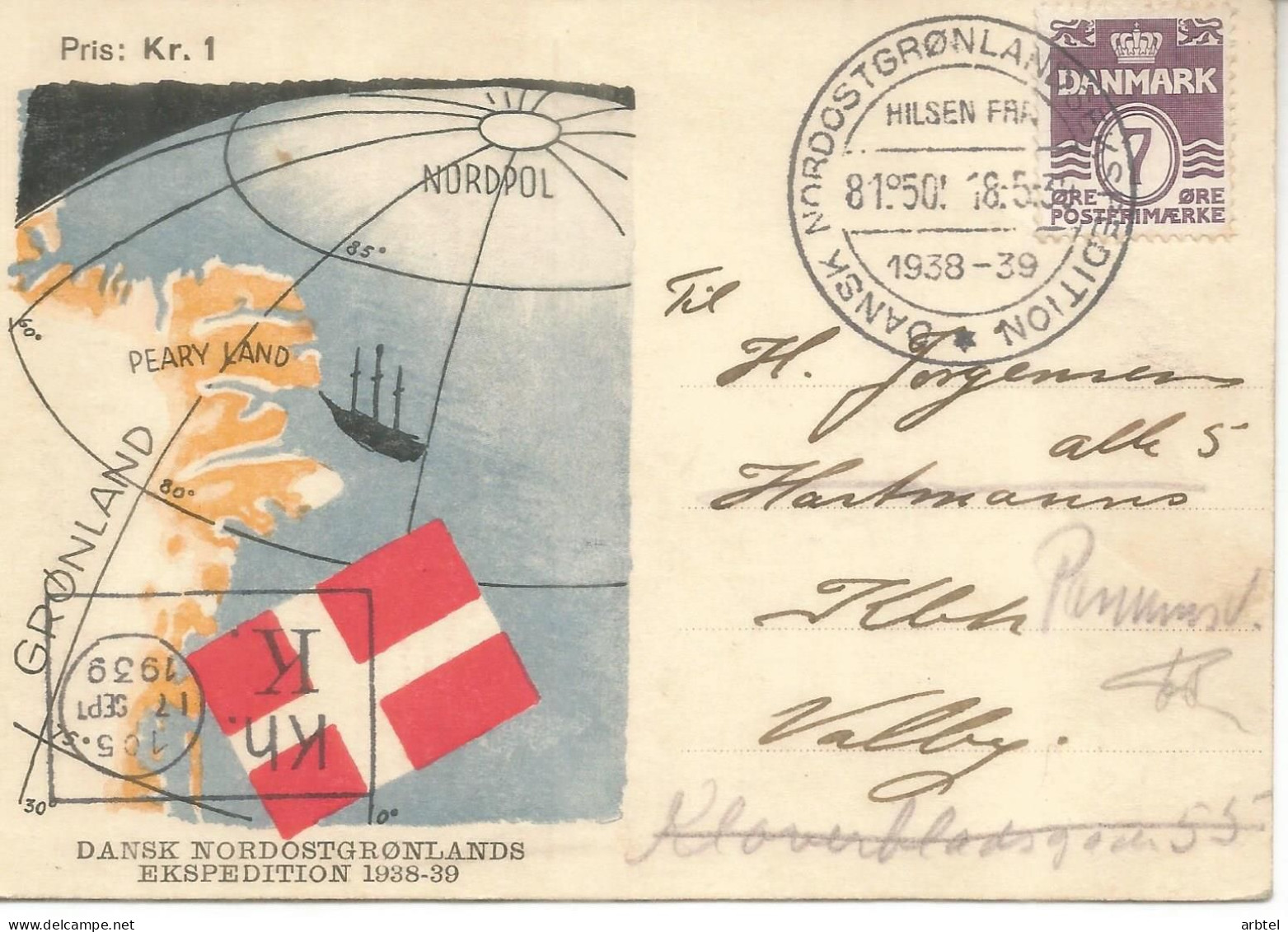 DINAMARCA TARJETA CON MARCA Y MAT ESPECIAL 1938 EXPEDICION POLAR - Expéditions Arctiques