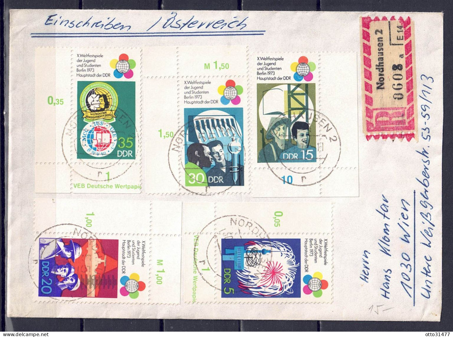 DDR 1973 - Weltfestspiele, Nr. 1862 - 1866 Auf Satzbrief Von Steigerthal Nach Wien - Privé Briefomslagen - Gebruikt